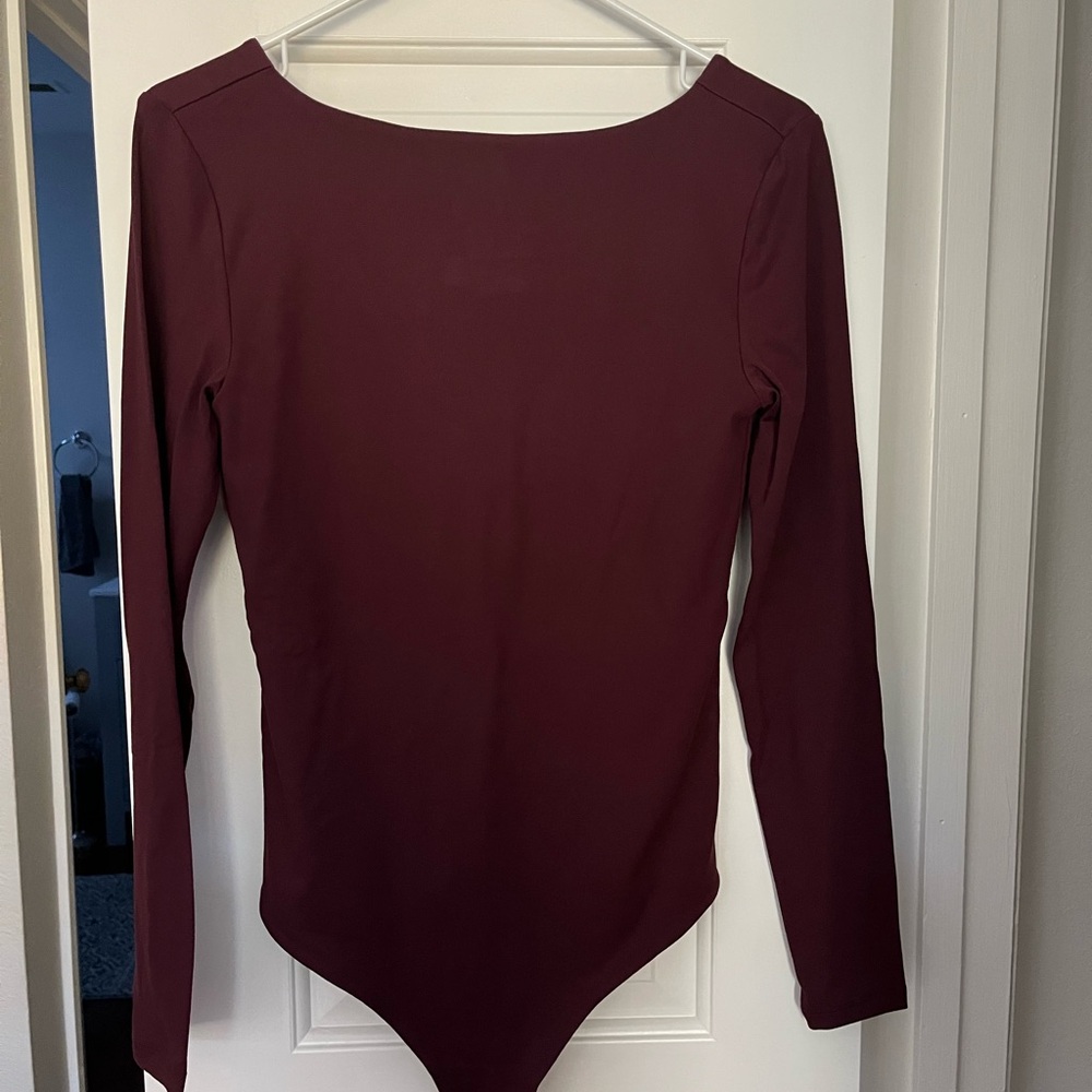 nuuds Deep Burgundy Long Sleeve Open Back Bodysuit NWT